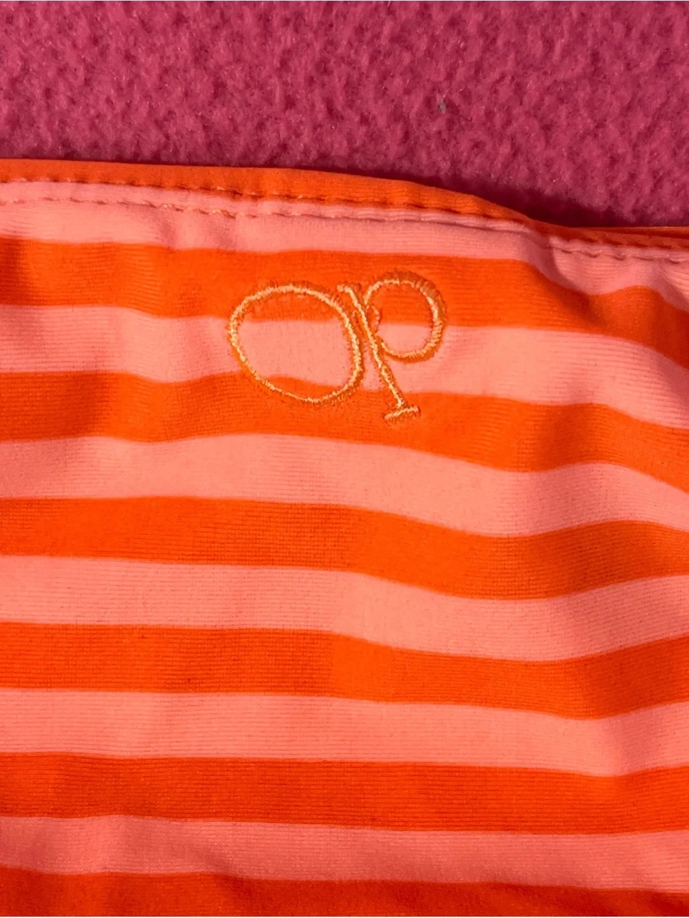 OP Bright Coral Pink and Yellow Striped Kids Swim Trunks